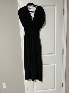 Classic Black Smocked Waist Midi Dress